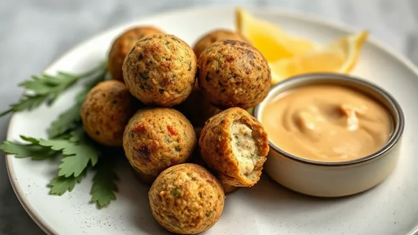 Bolinhas de falafel assado douradas em um prato com molho de tahine ao lado e salsinha por cima