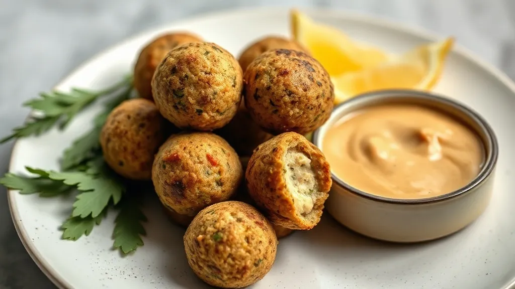 Bolinhas de falafel assado douradas em um prato com molho de tahine ao lado e salsinha por cima