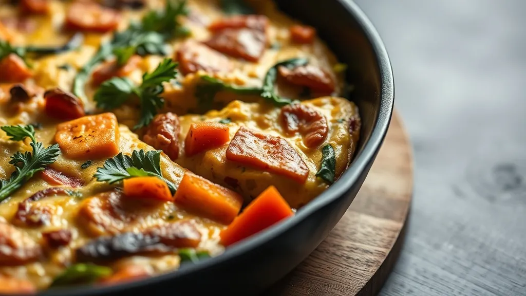 Frittata de legumes dourada e alta servida na própria frigideira de ferro, cortada em fatias