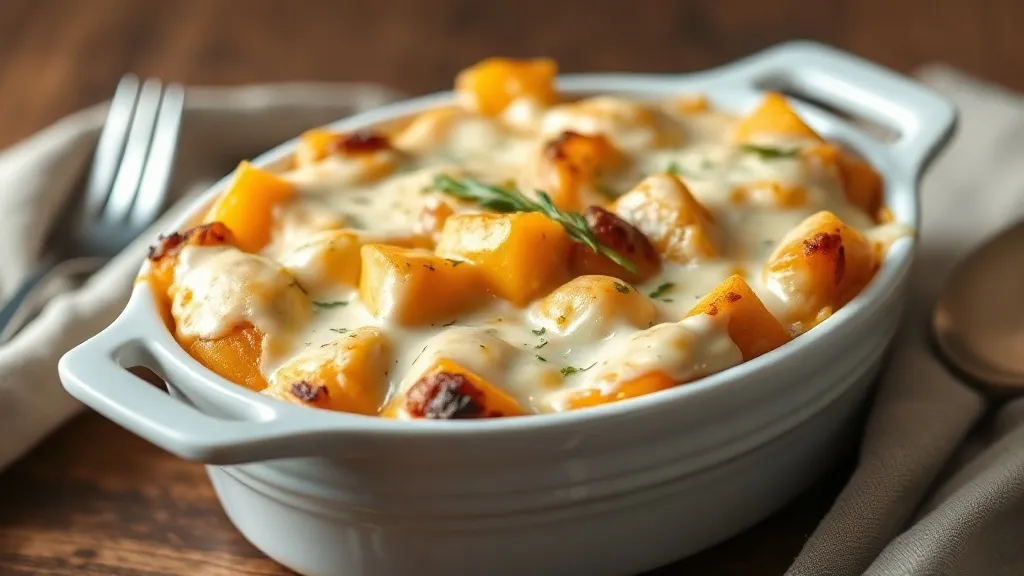 Gratinado de batata-doce cremoso e dourado, servido em refratário de cerâmica, com camadas visíveis
