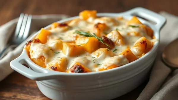 Gratinado de batata-doce cremoso e dourado, servido em refratário de cerâmica, com camadas visíveis