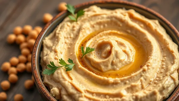 Tigela de homus cremoso e liso com fio de azeite, páprica e grão-de-bico inteiro por cima
