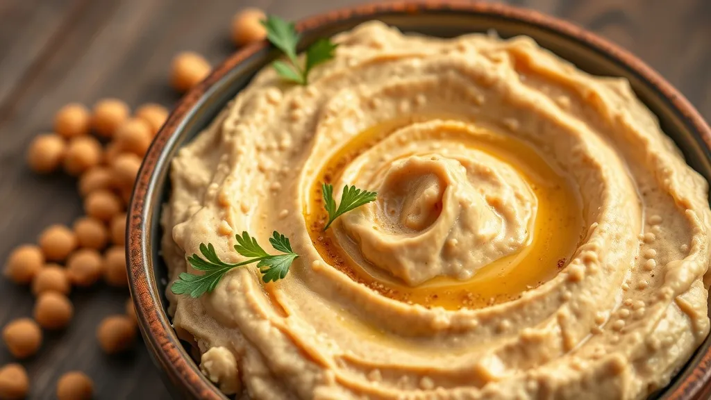 Tigela de homus cremoso e liso com fio de azeite, páprica e grão-de-bico inteiro por cima