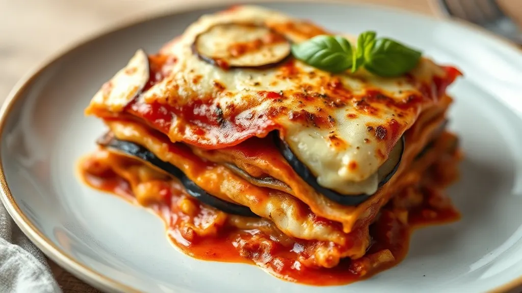 Fatia de lasanha de berinjela com ricota em prato branco, camadas visíveis com molho de tomate e queijo gratinado