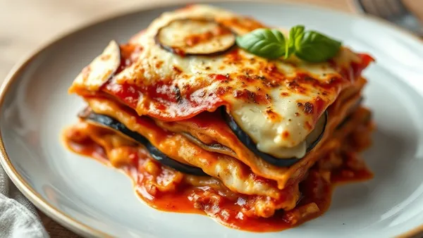 Fatia de lasanha de berinjela com ricota em prato branco, camadas visíveis com molho de tomate e queijo gratinado