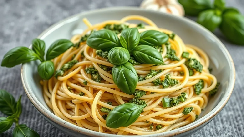 Prato de macarrão espaguete envolto em pesto verde-vivo de manjericão fresco, finalizado com parmesão ralado e pinhões tostados