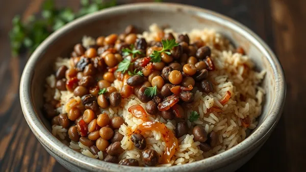 Travessa de mujadara com arroz e lentilha marrom misturados, coberto por bastante cebola frita bem escura e crocante, com salsinha picada por cima