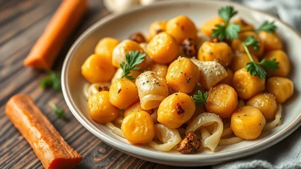 Nhoque de batata-doce alaranjado sobre tábua de madeira enfarinhada, com molho de manteiga e sálvia ao fundo