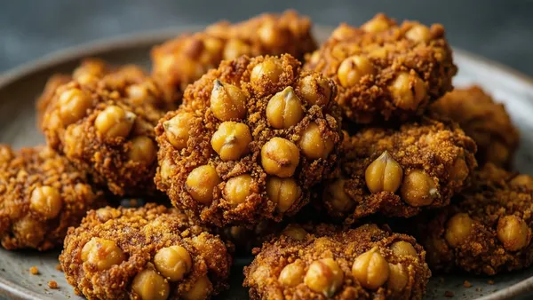 Nuggets de grão-de-bico crocantes, com grãos inteiros visíveis na crosta dourada, empilhados em prato de cerâmica