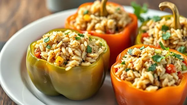Pimentões coloridos recheados com arroz e legumes dourados em assadeira, gratinados com queijo