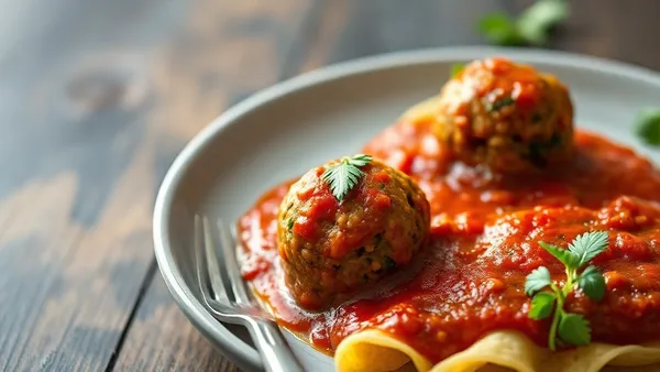 Polpetones de lentilha dourados em travessa com molho de tomate fresco e folhas de manjericão