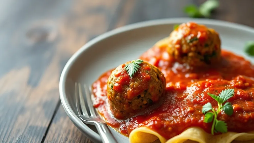 Polpetones de lentilha dourados em travessa com molho de tomate fresco e folhas de manjericão