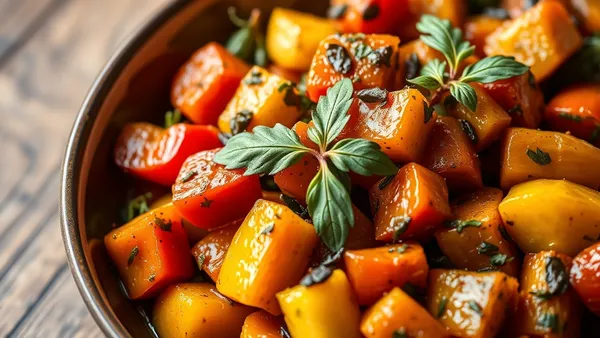 Frigideira rasa com ratatouille provençal, rodelas de abobrinha, berinjela, pimentão e tomate com ervas frescas