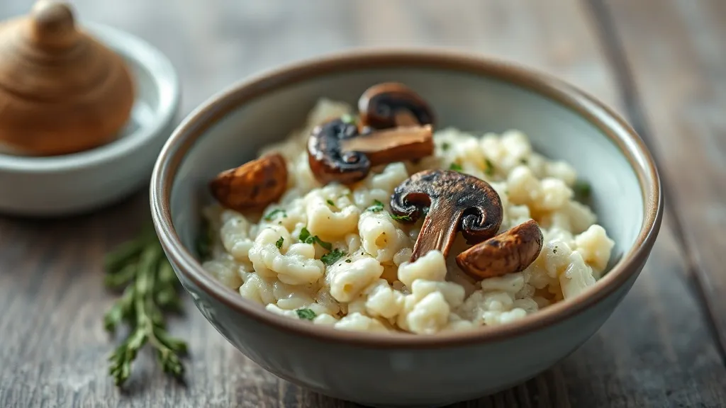 Prato fundo com risoto de cogumelos cremoso, finalizado com lascas de parmesão e ramo de tomilho