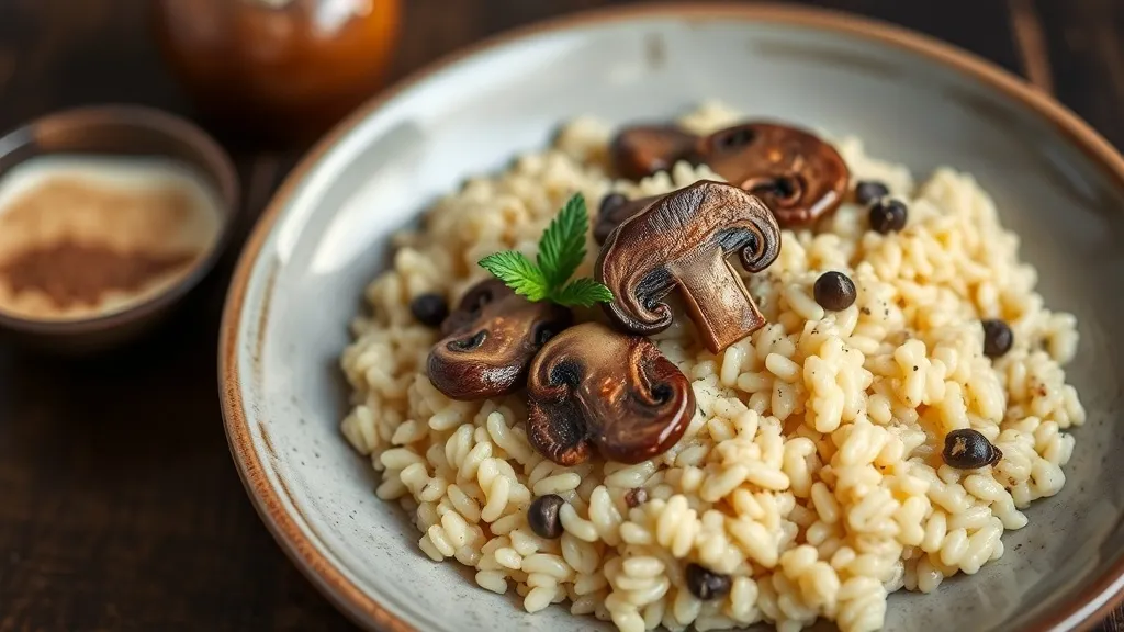 Prato fundo com risoto de cogumelos cremoso, fatias de cogumelo dourado e salsinha por cima