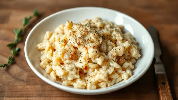 Risoto de parmesão cremoso num prato fundo branco, com textura fluida e queijo derretido em ondas suaves