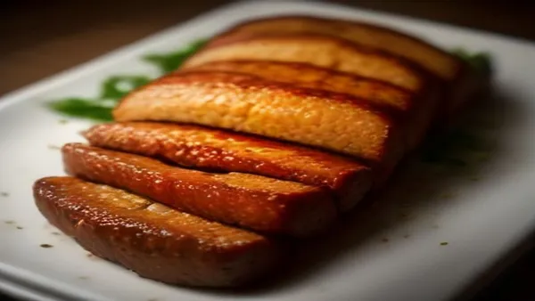 Fatias de seitan caseiro grelhadas com crosta dourada e textura firme, cortadas sobre tábua de madeira