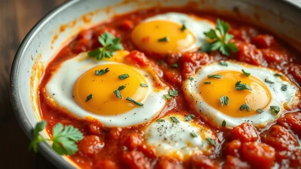 Frigideira de ferro com shakshuka — ovos no molho de tomate apimentado com salpicos de queijo feta e coentro fresco