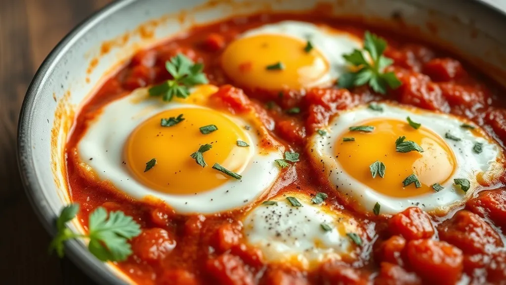 Frigideira de ferro com shakshuka — ovos no molho de tomate apimentado com salpicos de queijo feta e coentro fresco