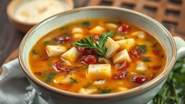 Sopa de cebola francesa em tigela de cerâmica com crosta de queijo gratinada e torradas flutuando