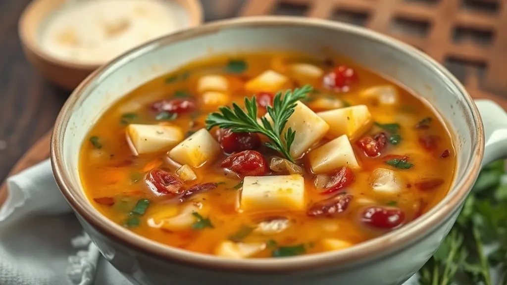 Sopa de cebola francesa em tigela de cerâmica com crosta de queijo gratinada e torradas flutuando