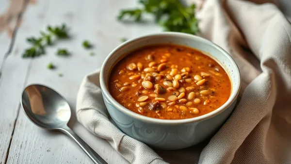 Tigela funda com sopa de lentilha vermelha cremosa, fio de azeite temperado e páprica por cima