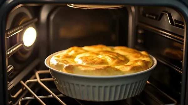 Suflê de queijo dourado e alto saindo do forno em forminha individual de cerâmica