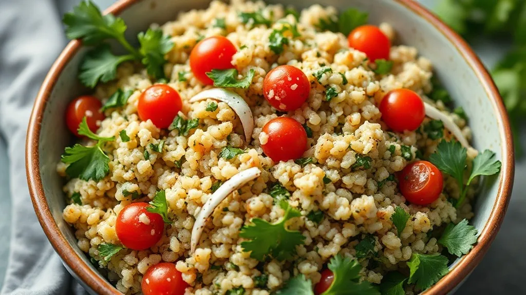 Tabule libanês em travessa de barro com bulgur fino, salsinha picada, tomate em cubos pequenos, cebola roxa e azeite, com folhas de hortelã ao lado