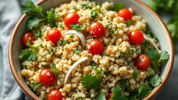 Tabule libanês em travessa de barro com bulgur fino, salsinha picada, tomate em cubos pequenos, cebola roxa e azeite, com folhas de hortelã ao lado