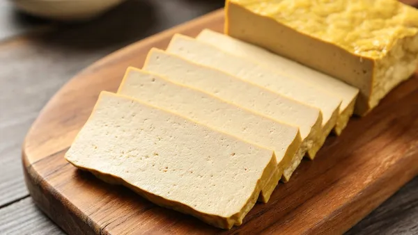 Fatias de tempeh douradas sobre uma tábua de madeira