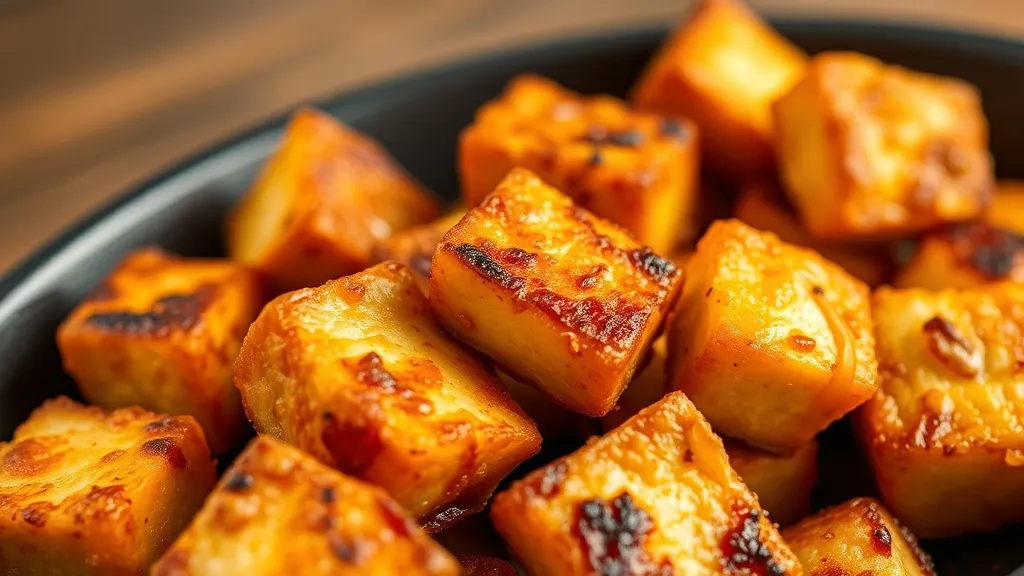 Cubos de tofu grelhados dourados e crocantes sobre frigideira de ferro, com gergelim e cebolinha por cima